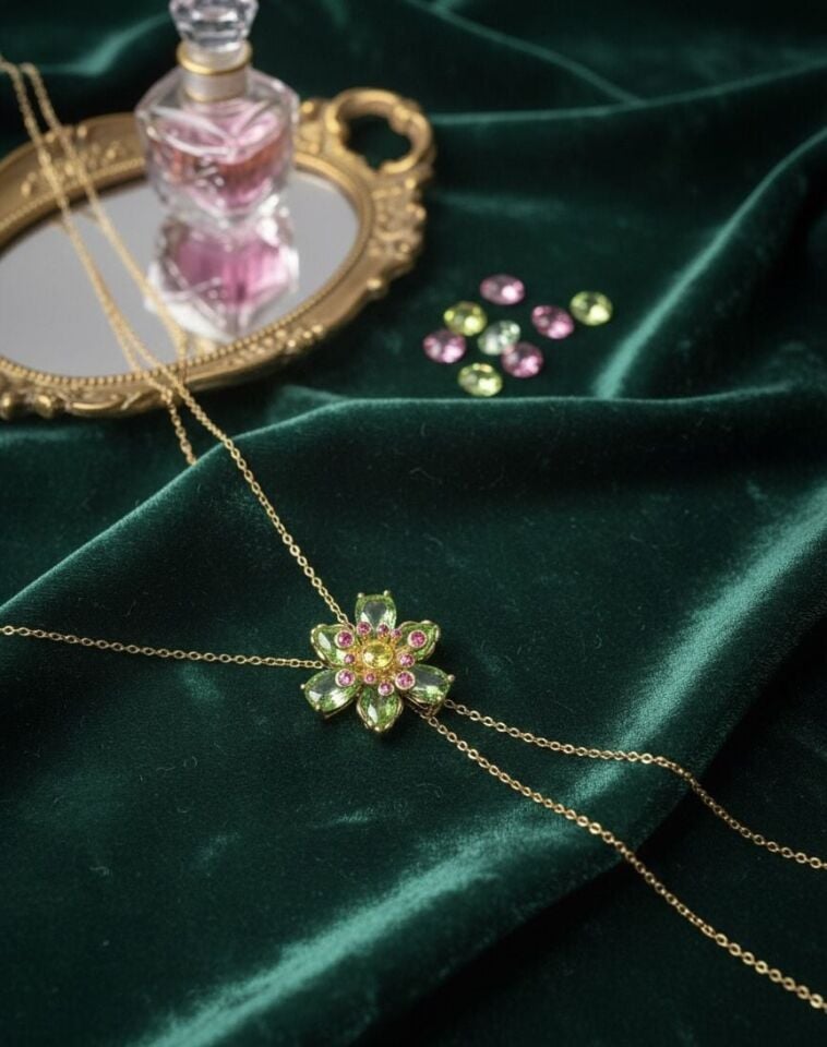 Gold Kaplama Yeşil Zirkon Taşlı Hareketli Lotus Sallantılı Zarif Tasarım Çelik Zincir Kolye