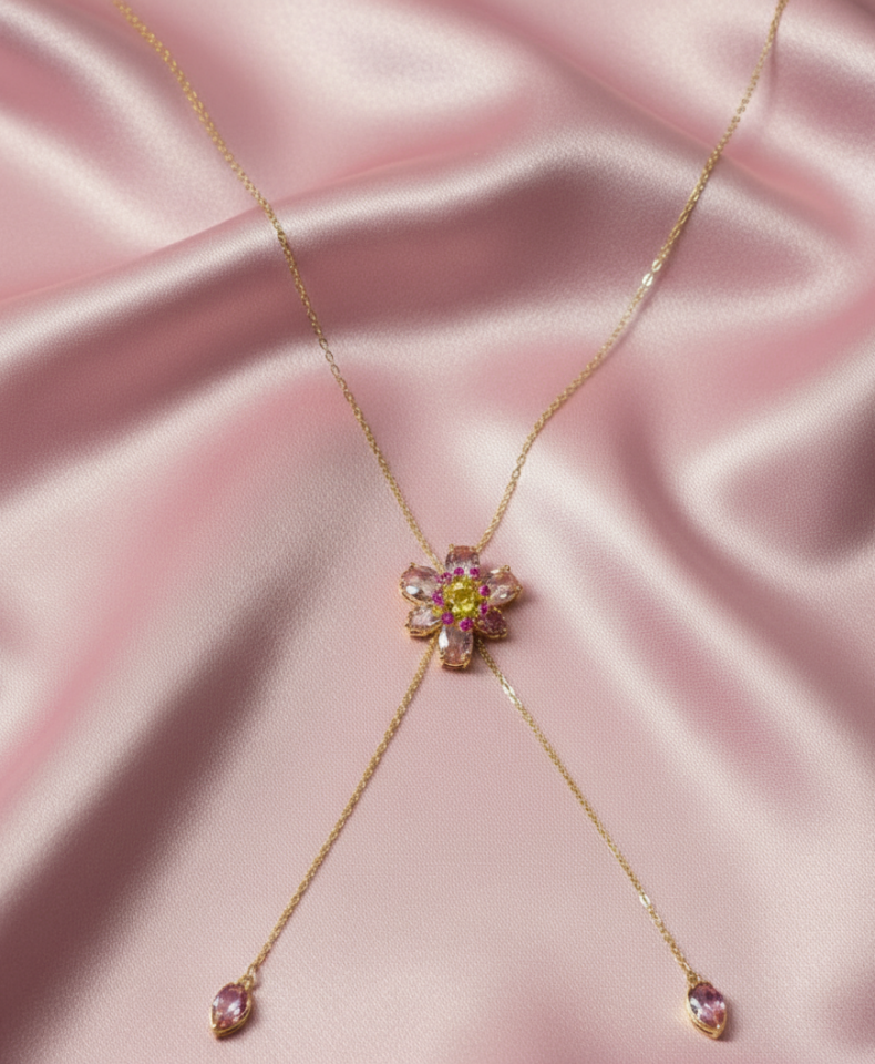 Zarif Pembe Kristal Lotus Çiçek Detaylı Ayarlanabilir Çelik Lariat Kolye