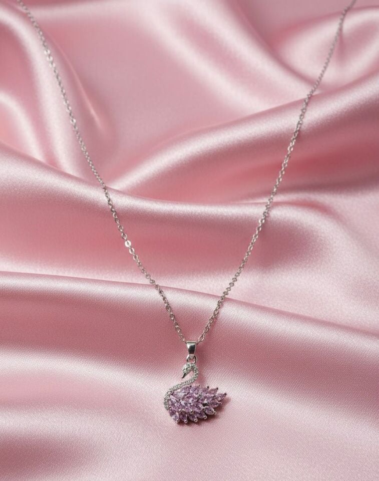 Kadın Pembe Kristal Taşlı Gümüş Çelik Kuğu Kolye - Özel Tasarım Rose Detaylı